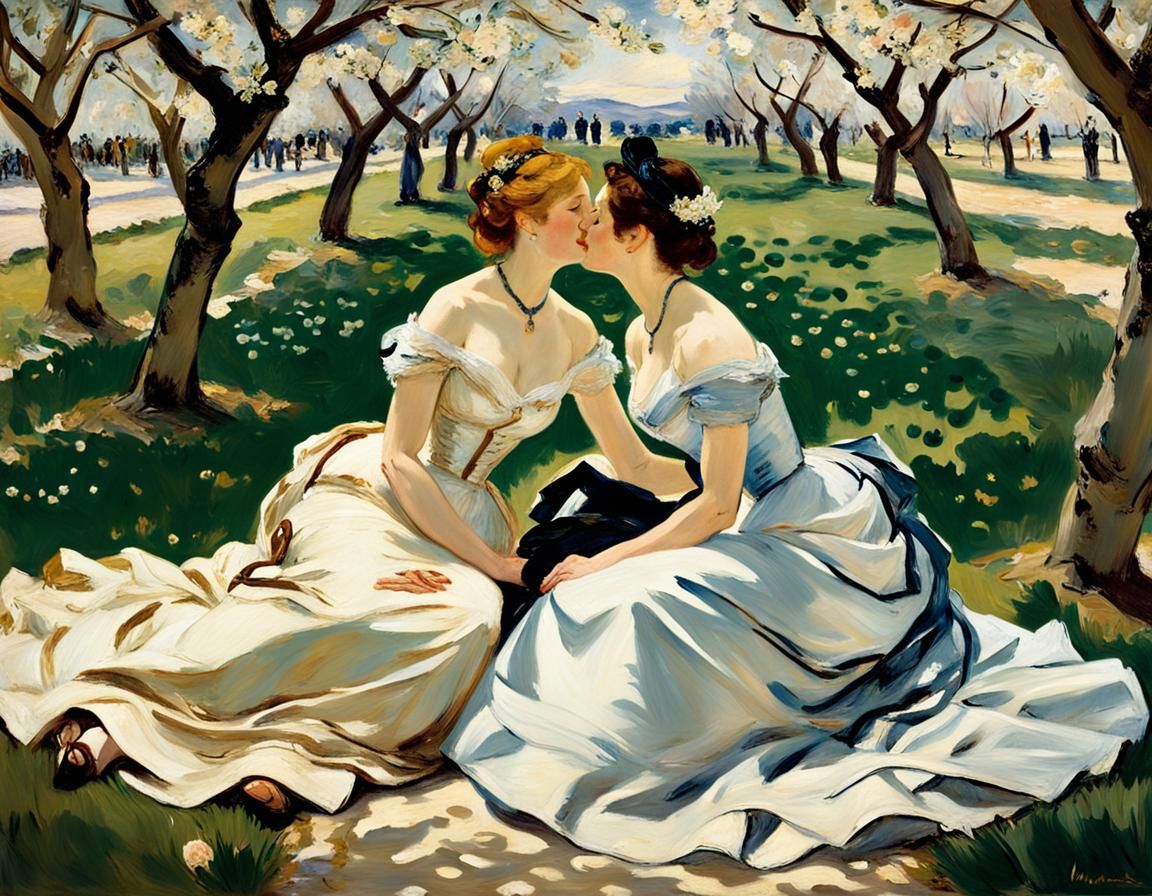 Art by Édouard Manet, in a cherry orchard in full bloom, a l...