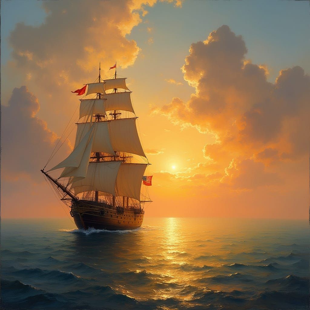 Romantic Sunset Scene with Majestic Ship on Calm Sea