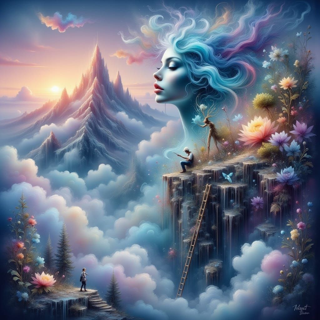 <lora:Ethereal Magic Flux:1.0> <lora:Ink Poet:1.0> "A tiny painter standing on a ladder, painting a mural on the side of a massive mountain ...