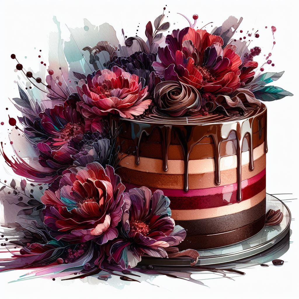 Triple chocolate mousse cake, alcohol ink watercolor