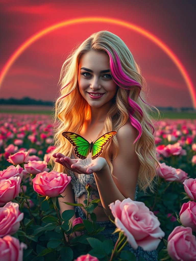 Blonde Goddess in Neon Rose Garden