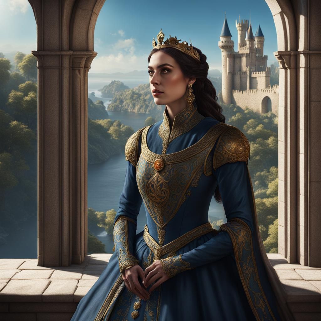 Queen Isabella in her regal attire, looking out from a castl...