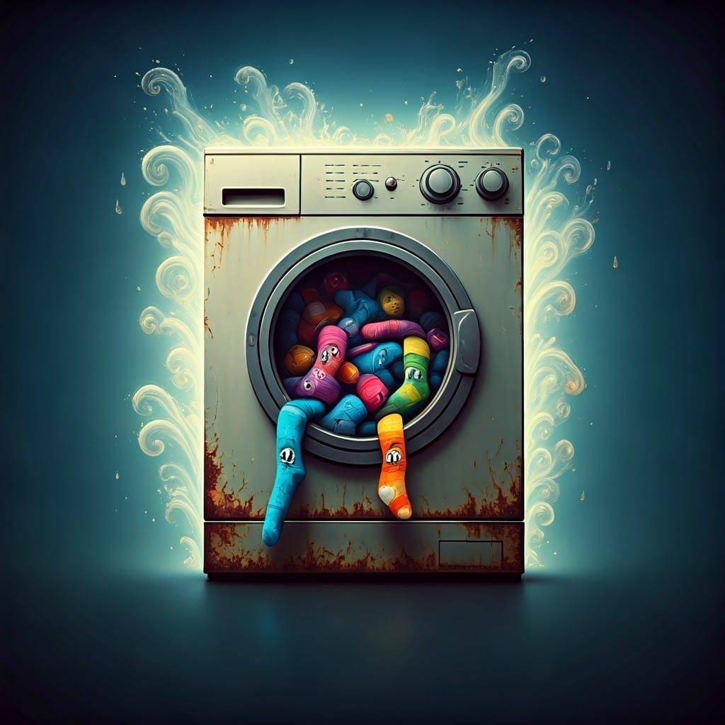 Retro Washing Machine Overflows with Mismatched Socks in Vib...