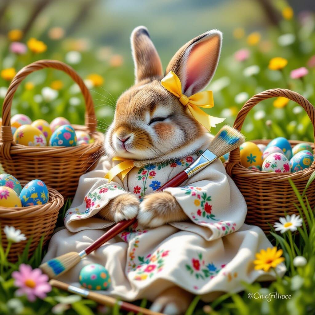 Cute Rabbit Artist Sleeping in Flower Valley