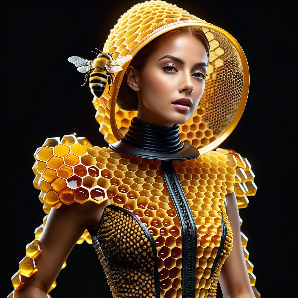 Ultra 8k resolution of dress made out of realistic honey comb, looks like a hive, bees, hyperdefiton motion effects,super detail in 32K reso...