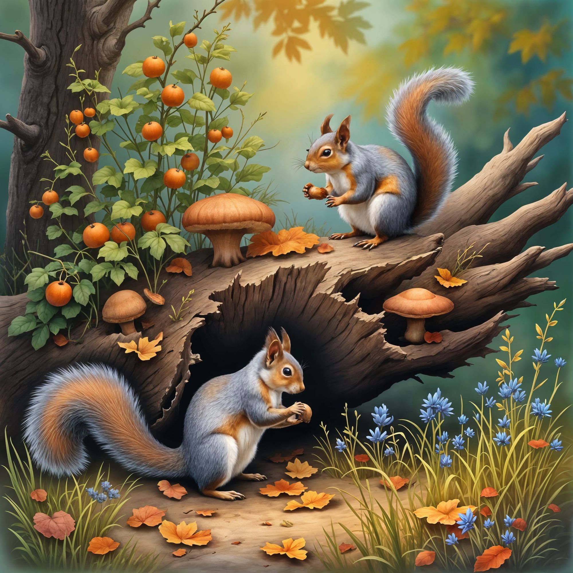 Two Grey squirrels on the ground foraging for Acorns.  (2)