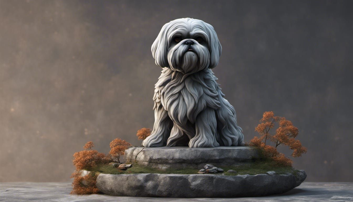 stone statue of old wise grey shih tzu