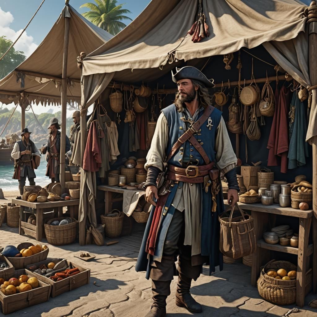 Medieval peasant shopping at  a Seaside tent stall selling p...