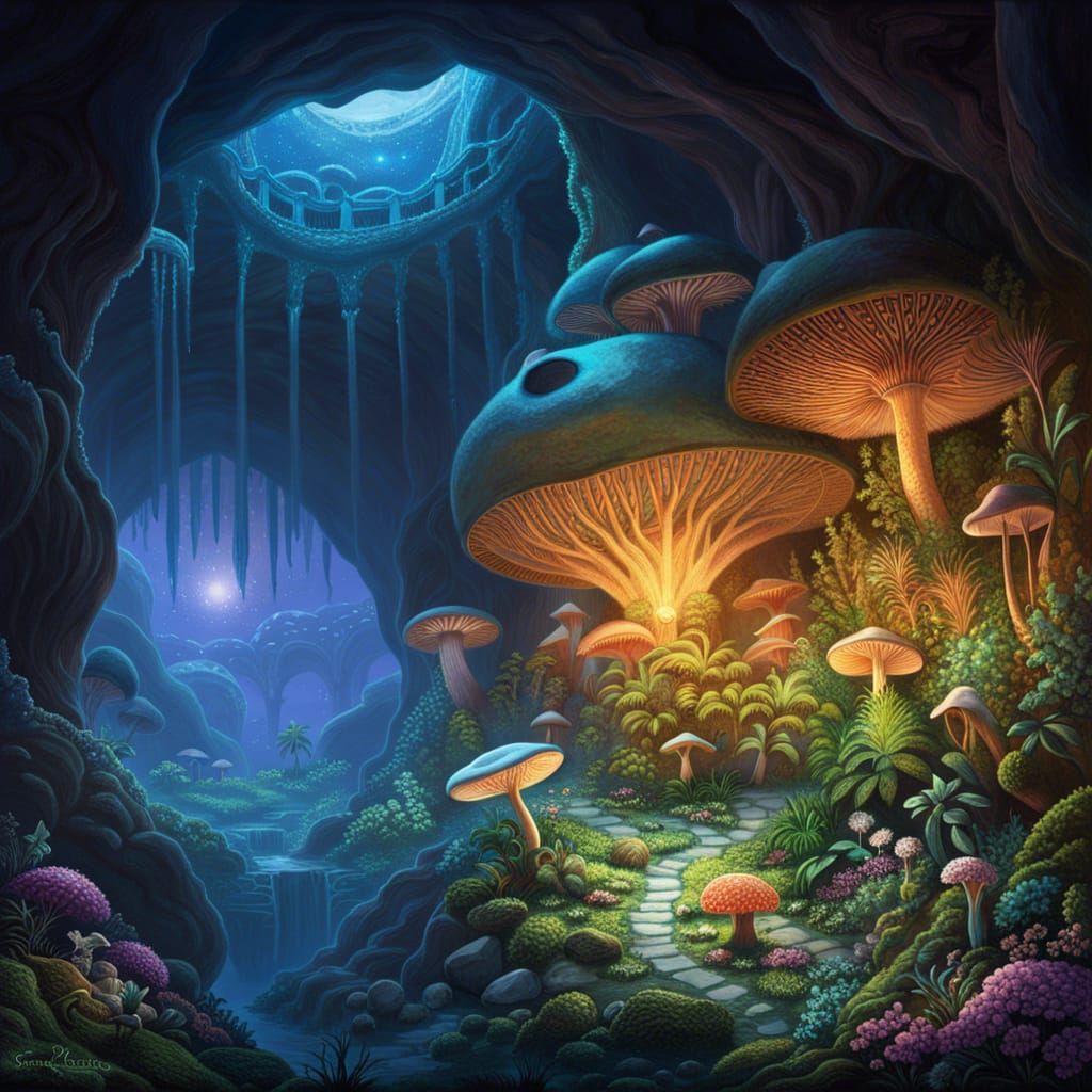 Enormous Subterranean cavern filled with bioluminescent plan...