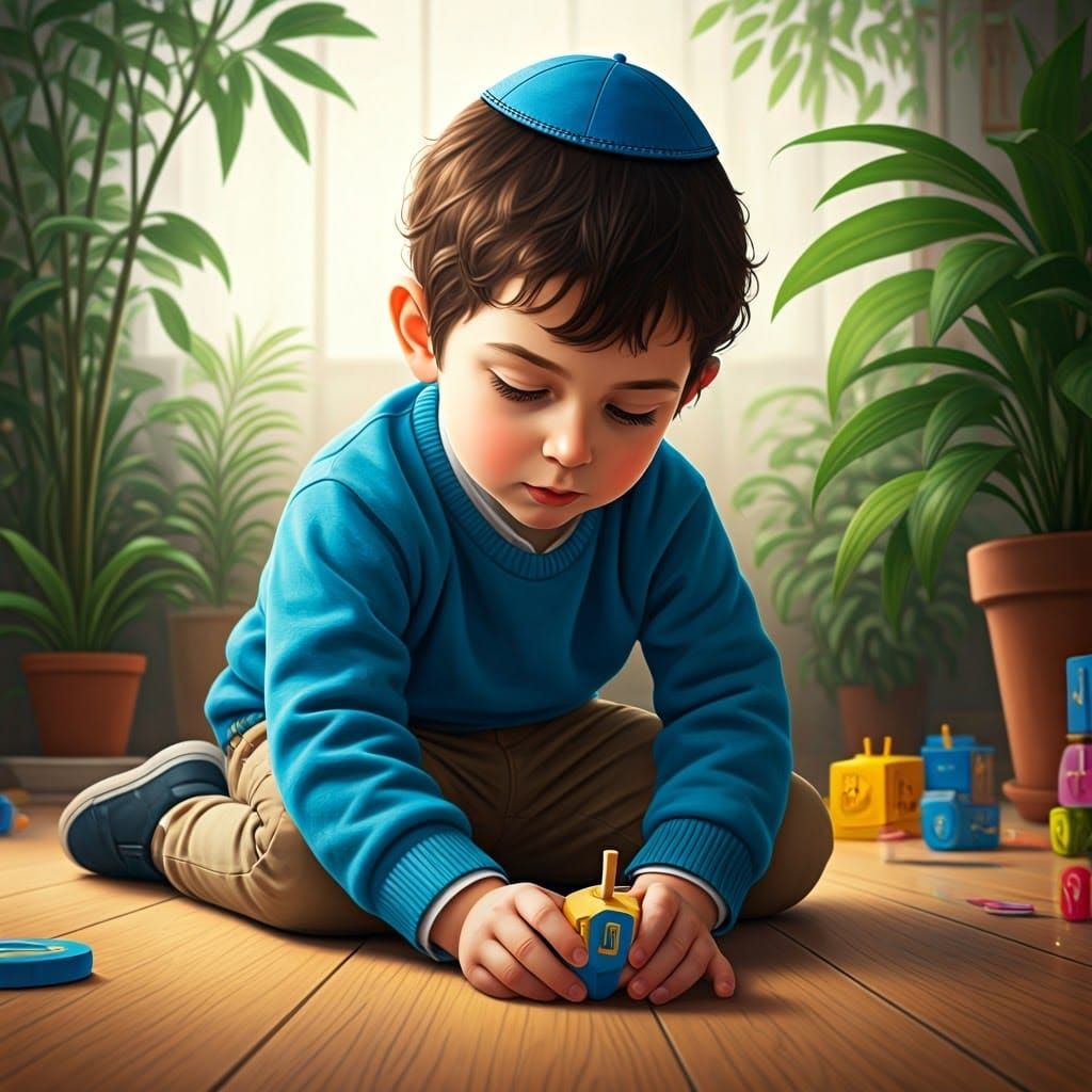 Young Jewish Boy Lost in Joyful Dreidel Play