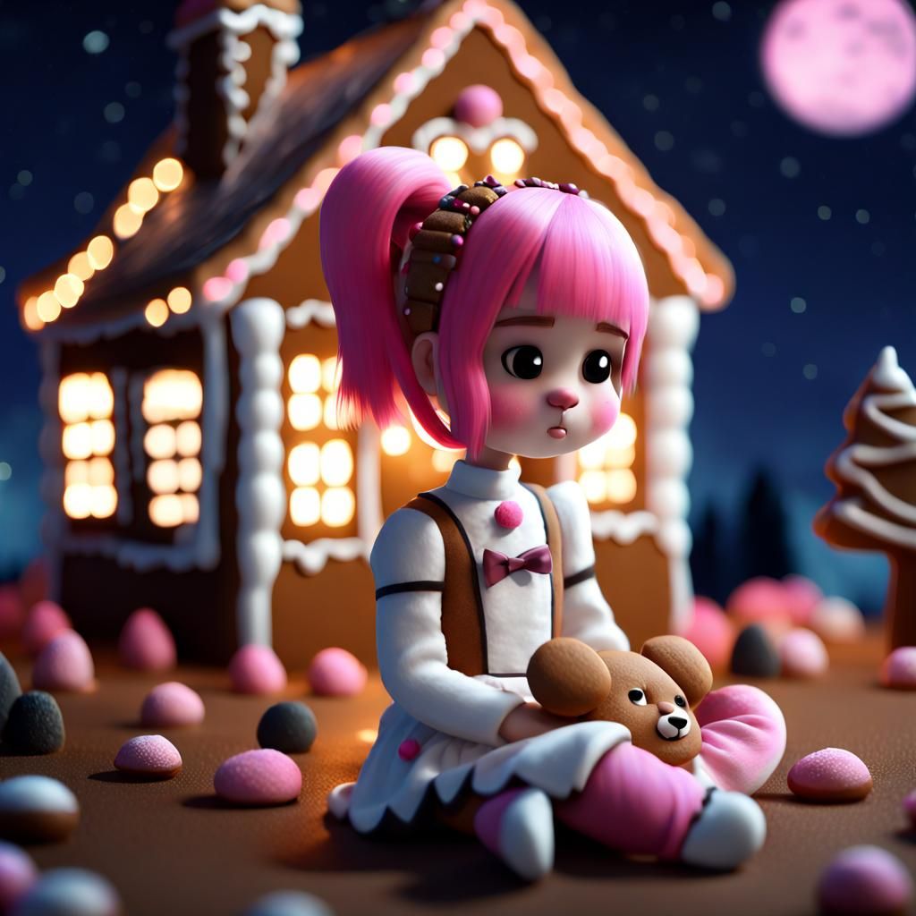 Gingerbread house/render 1 girl, sad, pink hair, ponytail, p...