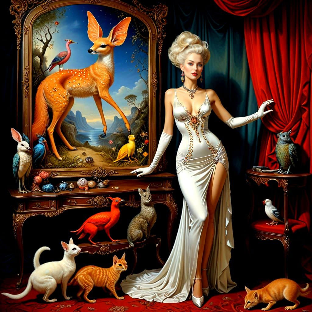 Surrealistic Portrait of a Happy Lady in Whimsical Surroundi...