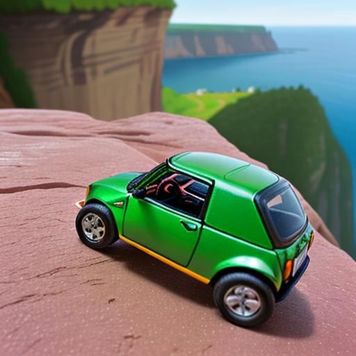 a tiny toy car appear to be driving off a cliff.