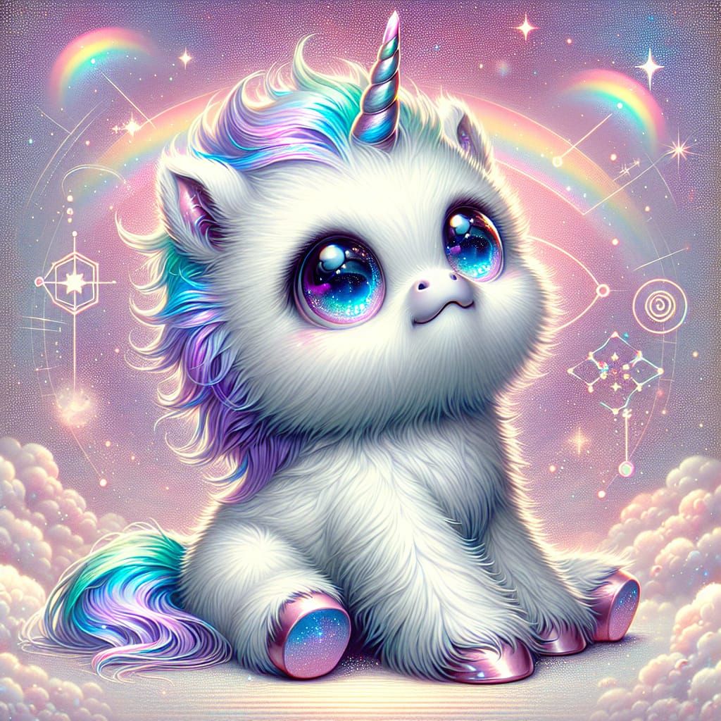 a cute fluffy baby unicorn, gazing up at the viewer with big...