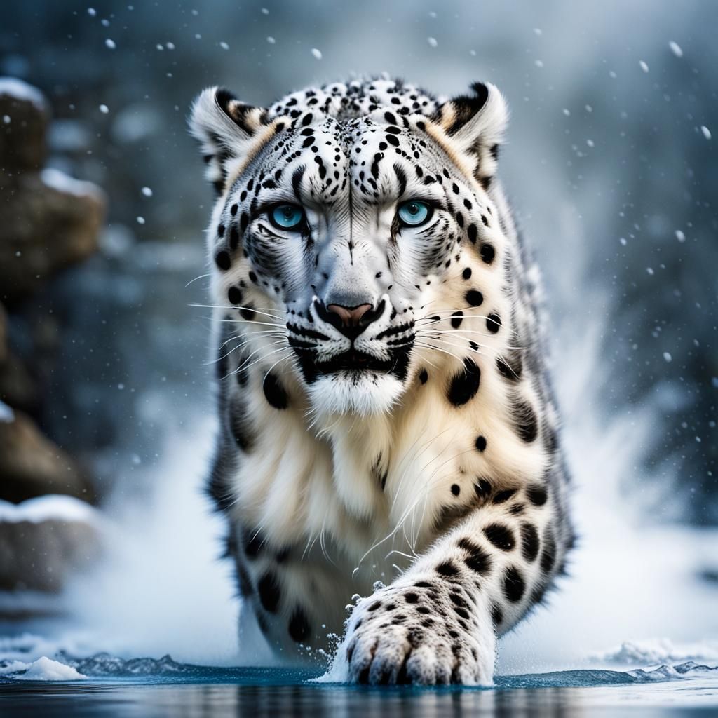 Snow Leopard Rising Out Of Hot Spring   by @MontrealDigital 