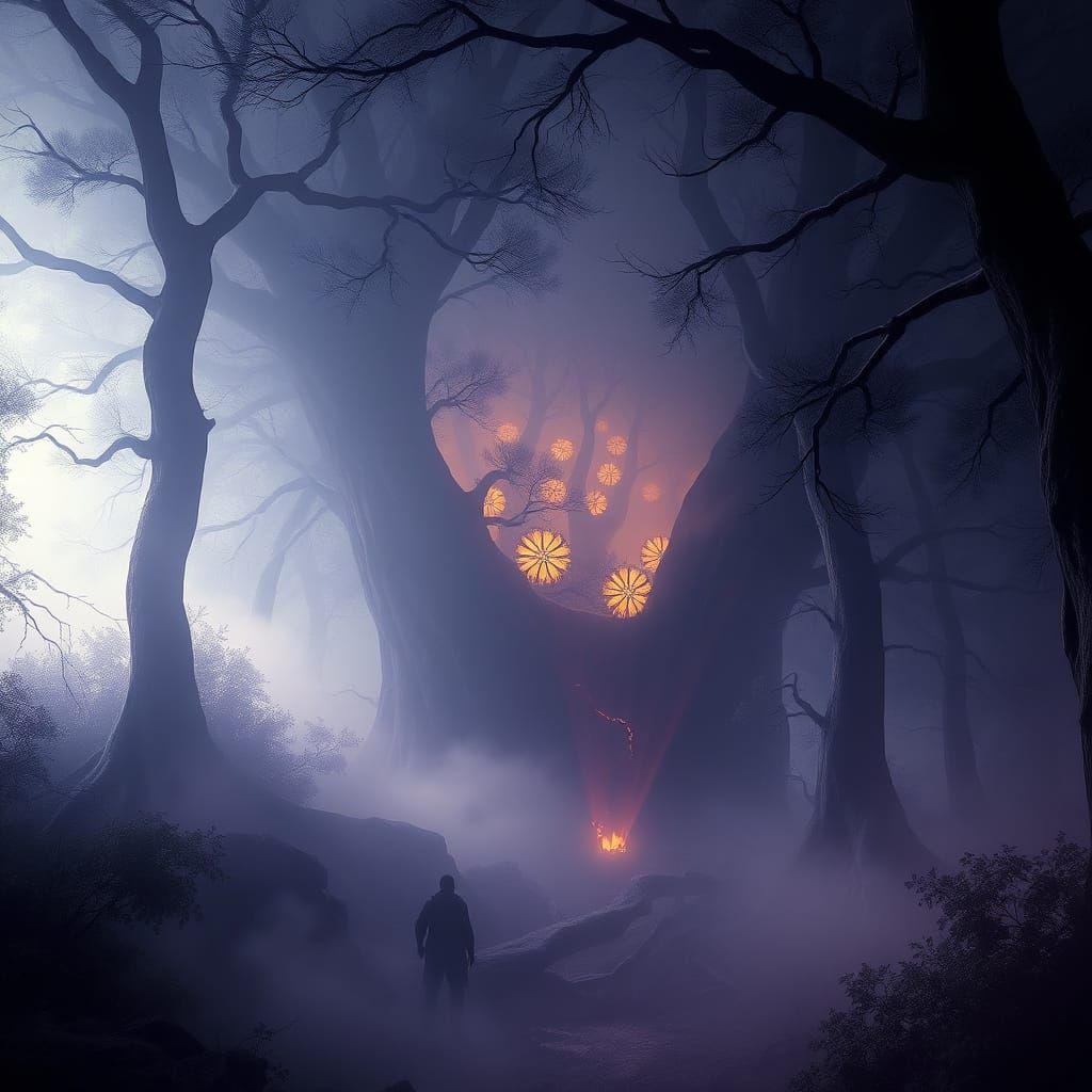 a dark and foggy forest hiding something sinister a masterpiece, 8k resolution, dark fantasy concept art, by Greg Rutkowski, dynamic lightin...