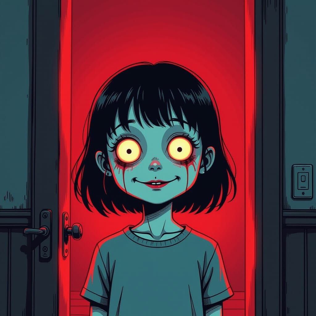 dark cartoon horror, child with wide unblinking eyes, stretched eyelids, eerie pale skin, smiling softly, standing in doorway, dim crimson a... - Start Image 1