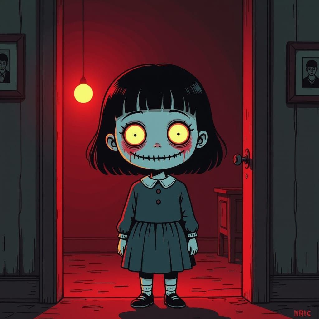 dark cartoon horror, child with wide unblinking eyes, stretched eyelids, eerie pale skin, smiling softly, standing in doorway, dim crimson a... - Start Image 2