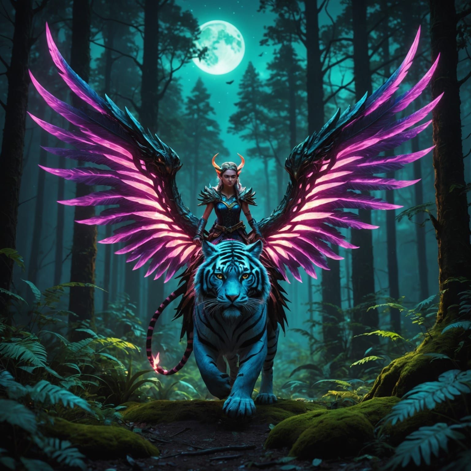 Elf Girl Rides Neon Tiger in Enchanted Forest
