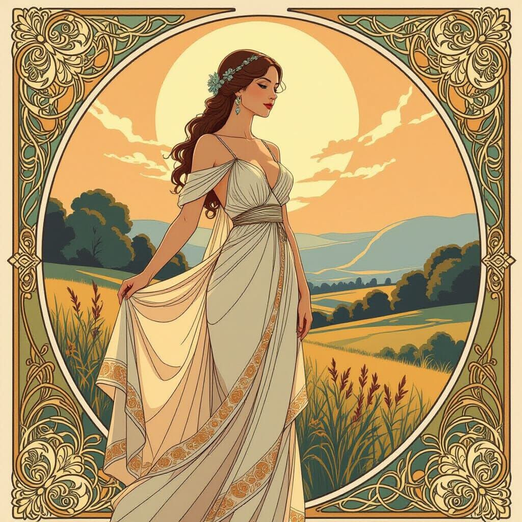 Elegant Woman in Serene Landscape, Art Nouveau