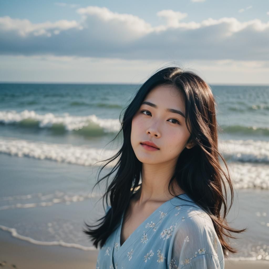 Serene Portrait of a Japanese Woman at Seaside