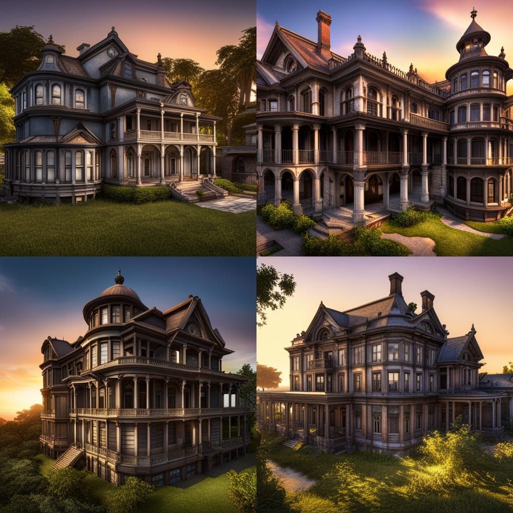 Dilapidated Mansion at dusk hyperdetailed intricately detail...