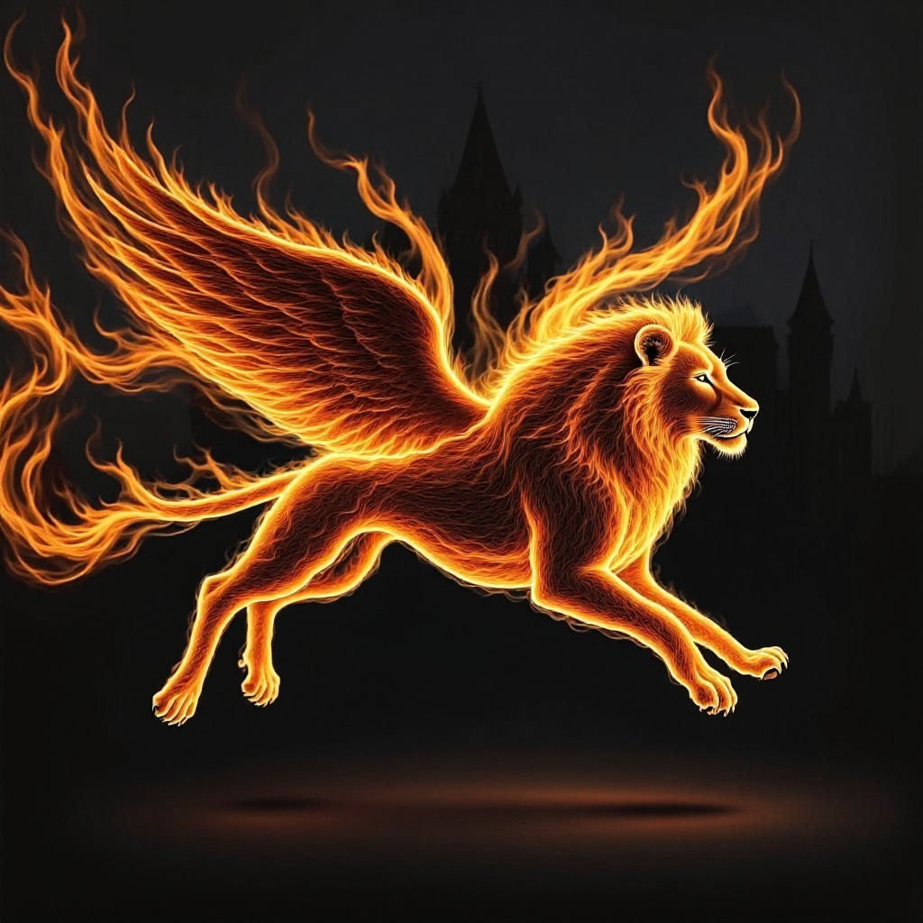 A flying lion with flowing mane and wings <lora:Made of flames flux:1.0> 