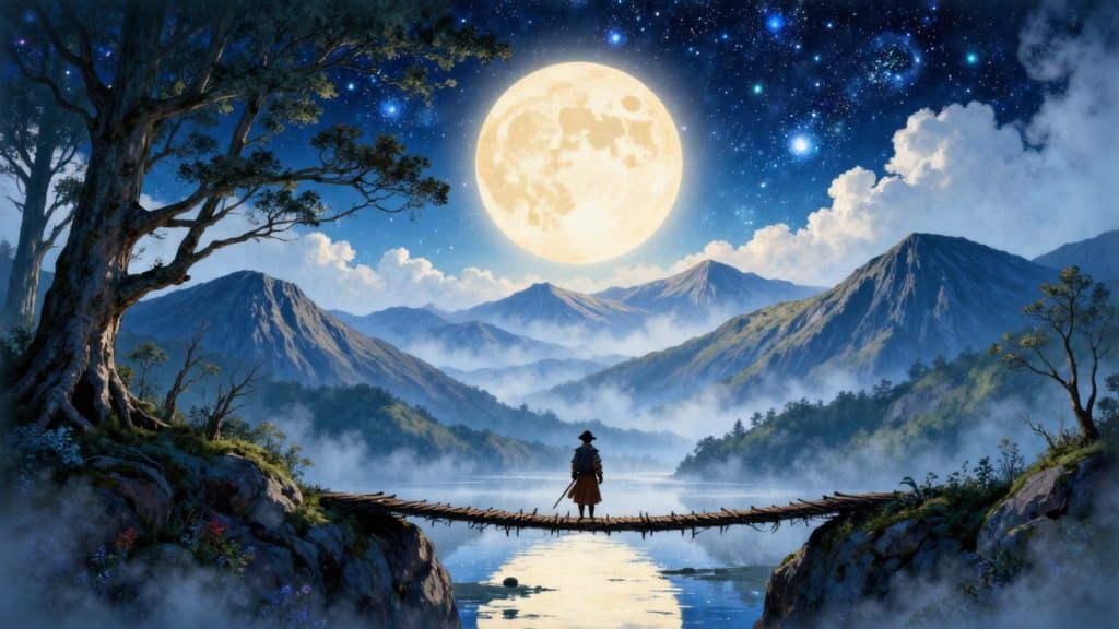 <lora:Fantasycore:1.0> a Japanese illustration of a warrior crossing a rickety bridge with misty mountains in the background, illuminated by...