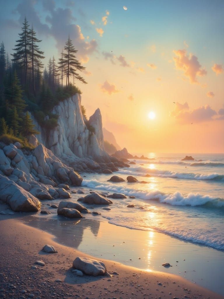 Enchanting Sunset Coastal Landscape with Dreamy Atmosphere