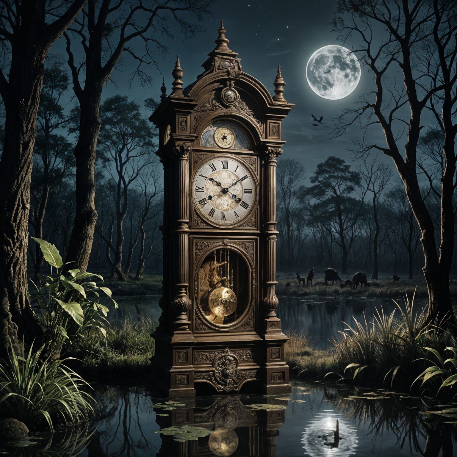 A mesmerizing realistic ancient grandfather clock is emerging from a dark swamp, nightfall, moonlight reflection,highly detailed engraving, ...