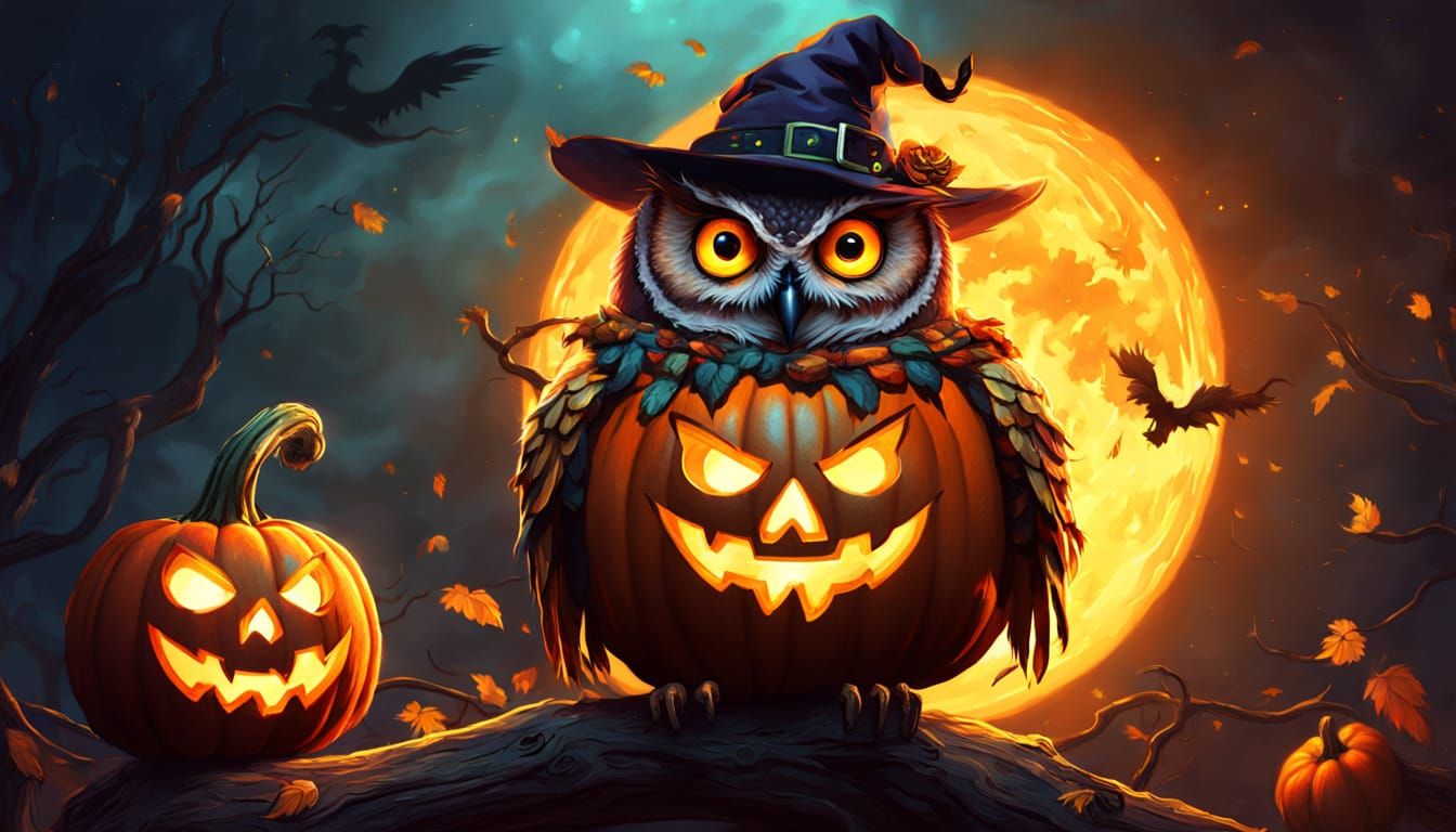 An owl in a pumpkin hat perched on a glowing jack-o’-lantern.
