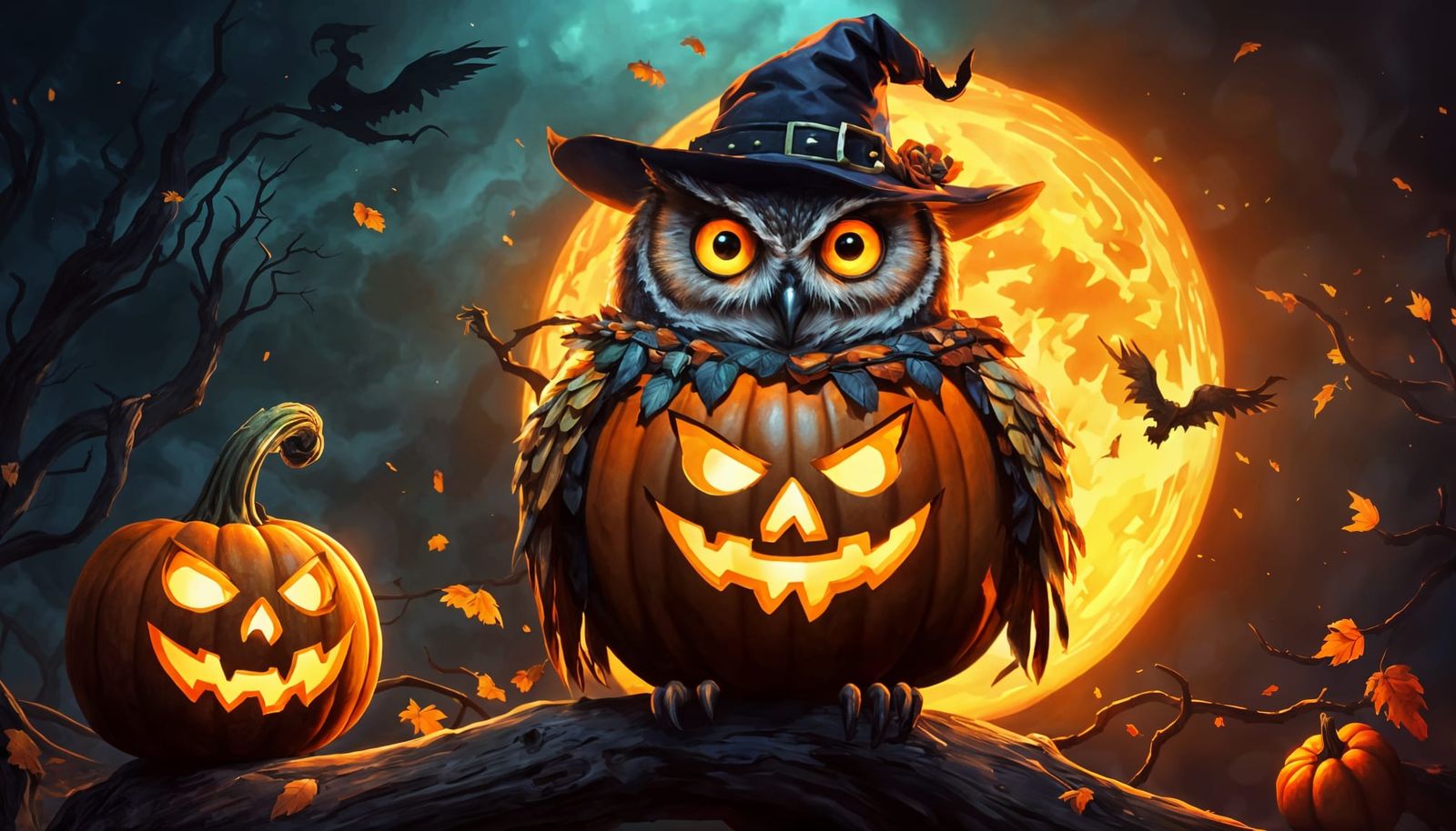 Digital painting. An owl in a pumpkin hat perched on a glowing jack-o’-lantern, Fantasy art. Fiery plumage ...  by @zRender69