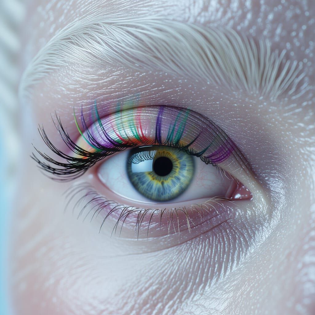 A makeup beauty portrait of an African albino woman. Extreme close up. Only her eye and part of her face is visible. Each eyelash is individ...