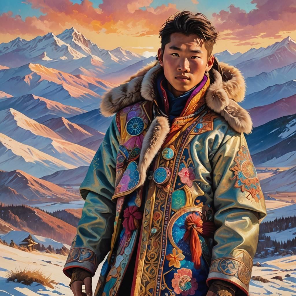Mongolian Coat on Snowy Peak: Oil Painting