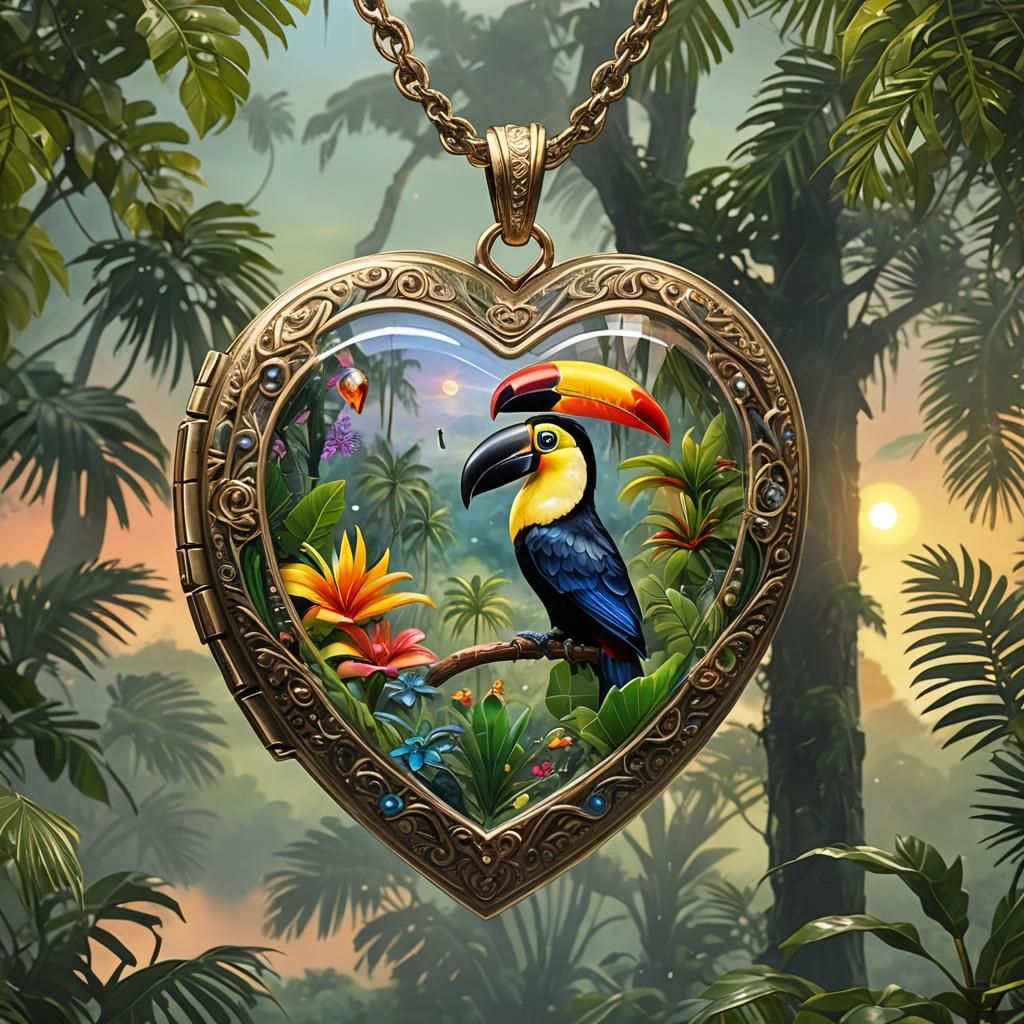 toucan encased inside Crystal heart locket lead crystal glass style