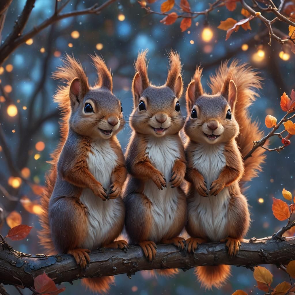 Squirrel chorus: Storybook realism autumn leaves boreal forest  by @Kitcalyx