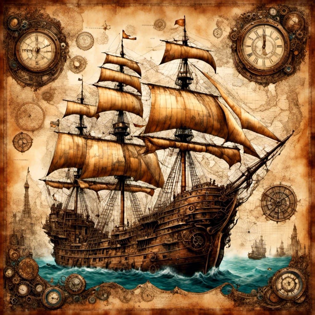 <lora:books and parchment:1.0> Brown antique map in background, <lora:Steampunk-Notebook:1.0> steampunk masted ship