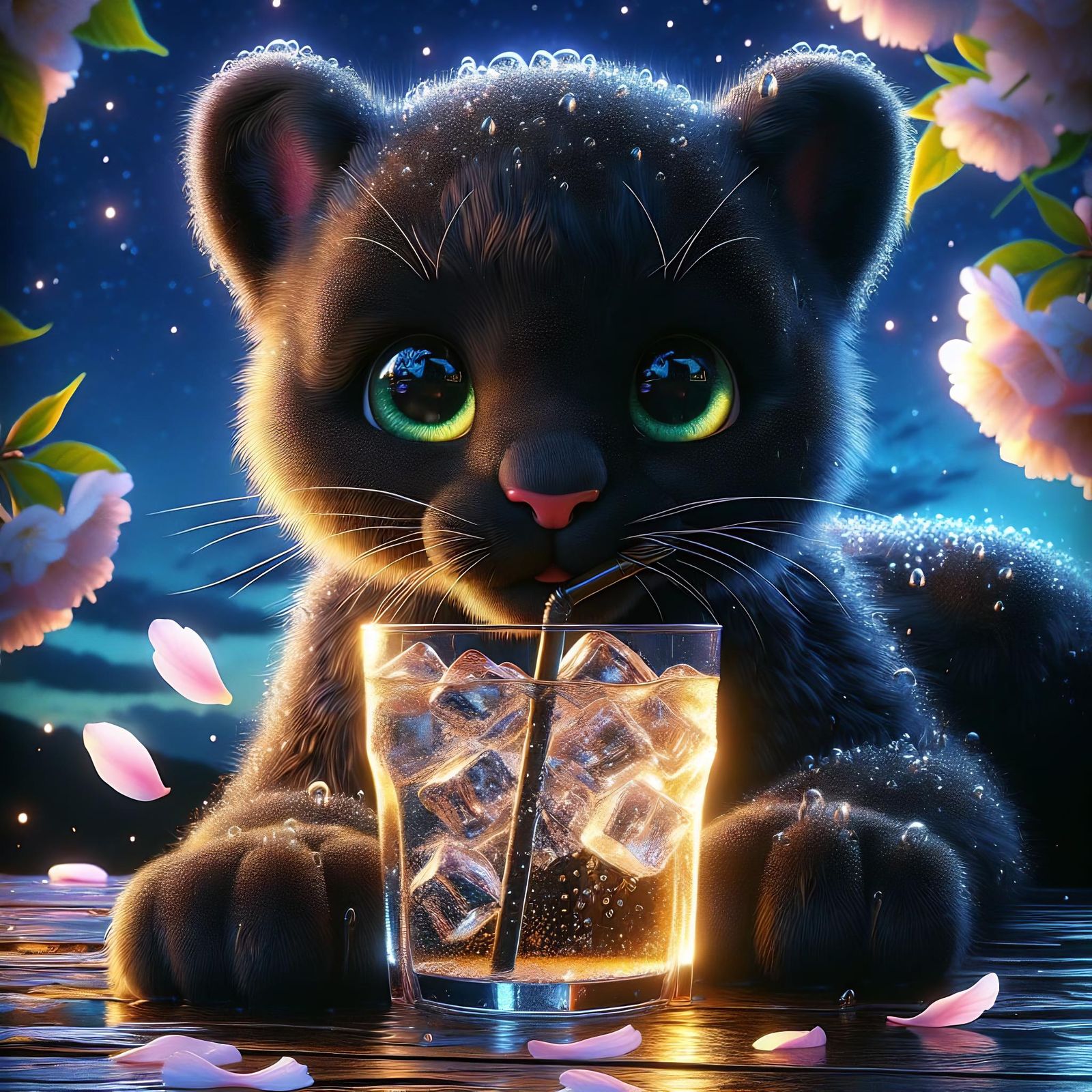 Hyperrealistic Black Jaguar Drinking Under Evening Sky