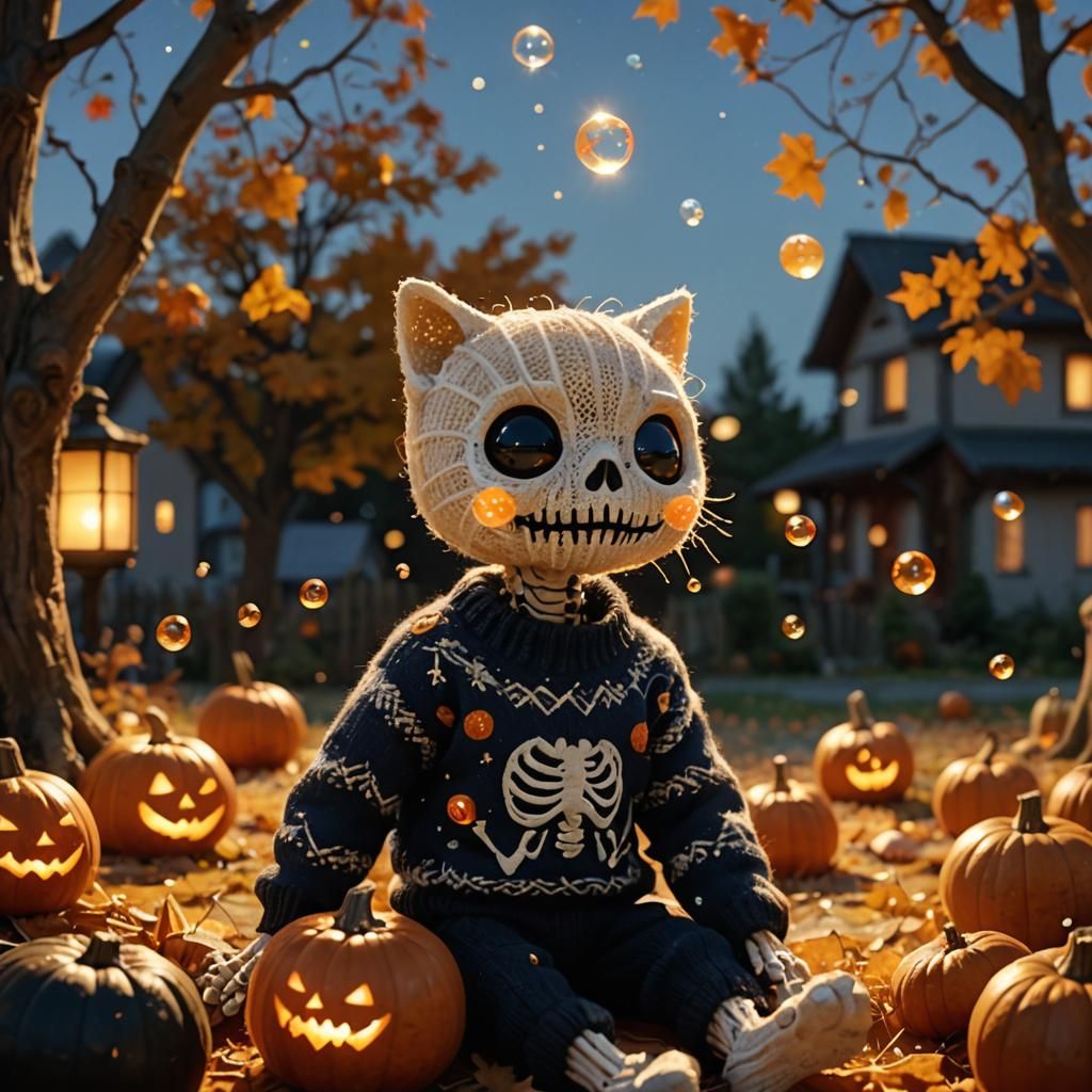 A mischievous little skeleton in a knitted sweater.  by @Kazu