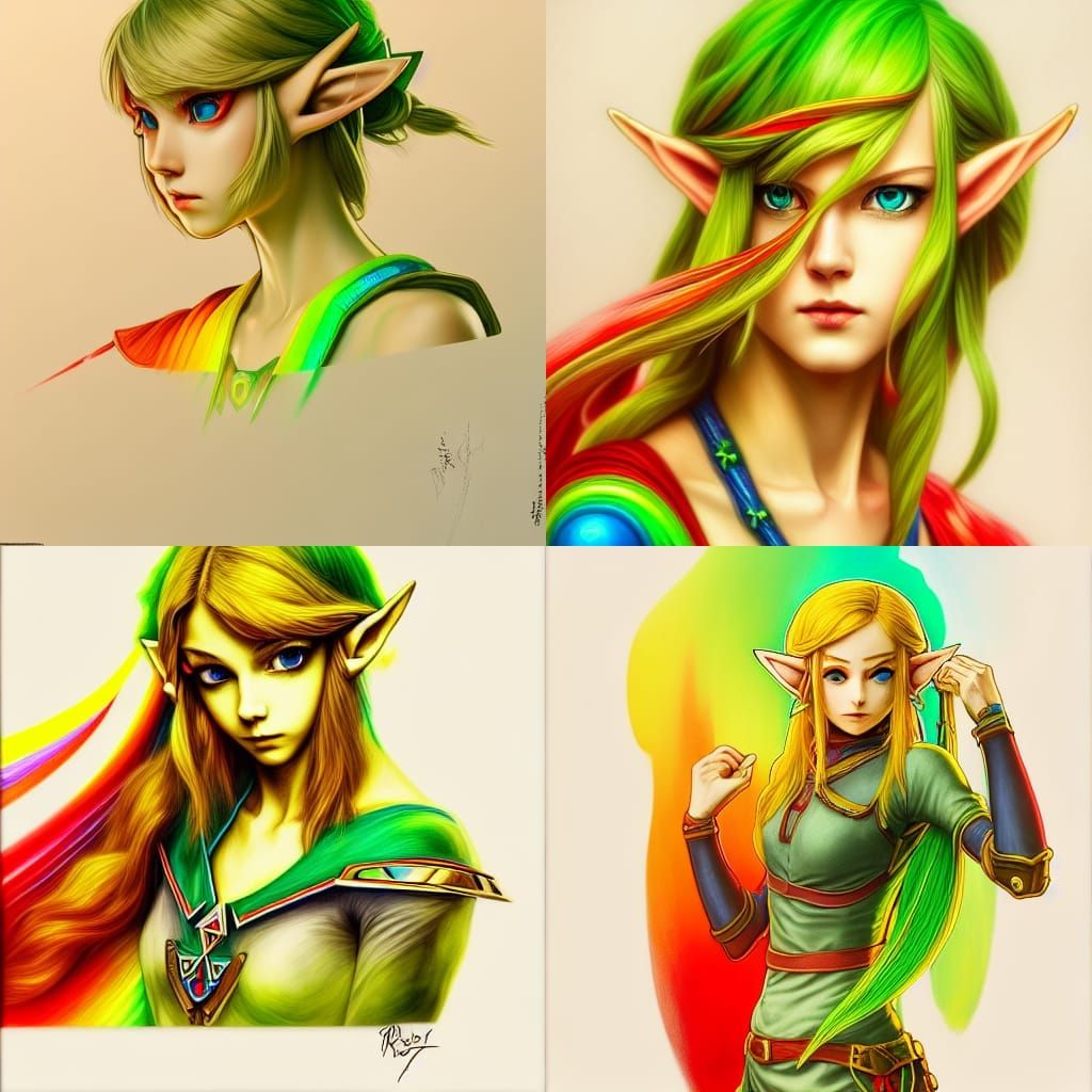 HIGH NOISE Zelda's Link, Intricate, yellow green red, Scenic...