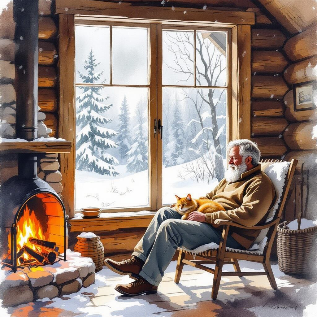 Man and Cat by Fireplace in Snowy Cabin