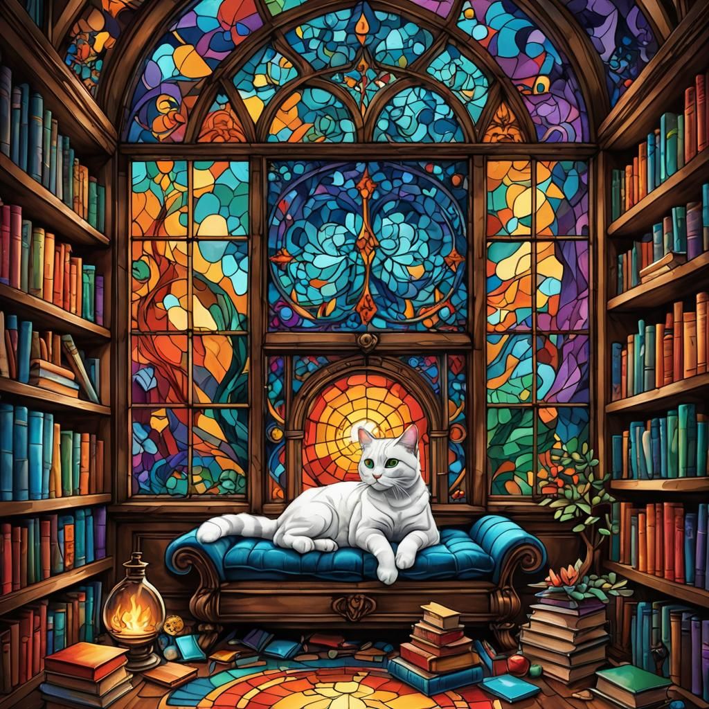 abstract Magical enchanted library :: cozy ::  large stained glass windows :: fireplace :: cat curled ...  by @CJVF