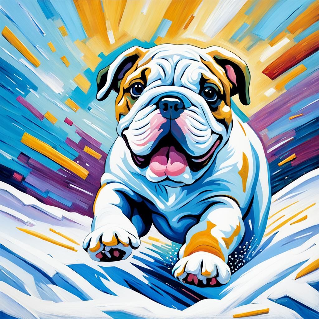 A gorgeous bulldog puppy jumping into a pile of snow