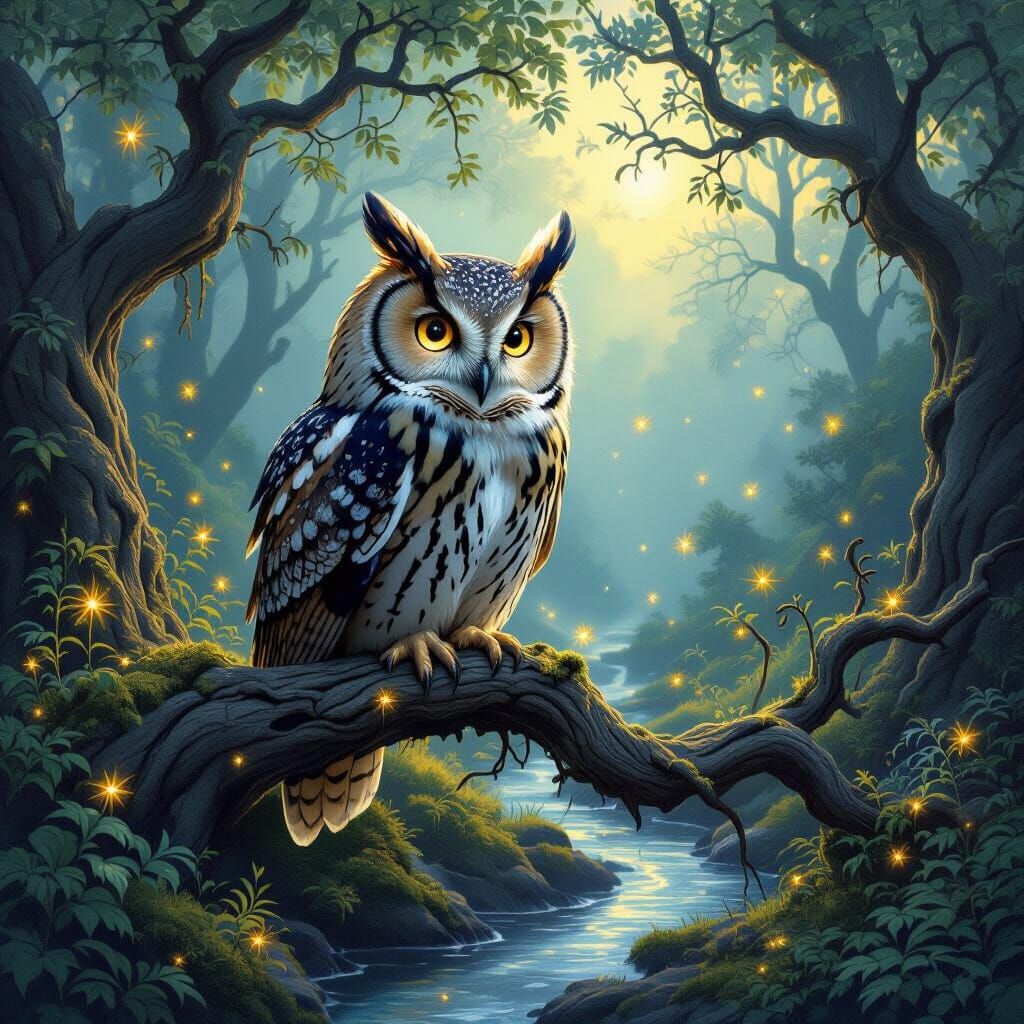 Hyperrealistic Owl in Enchanting Forest at Twilight
