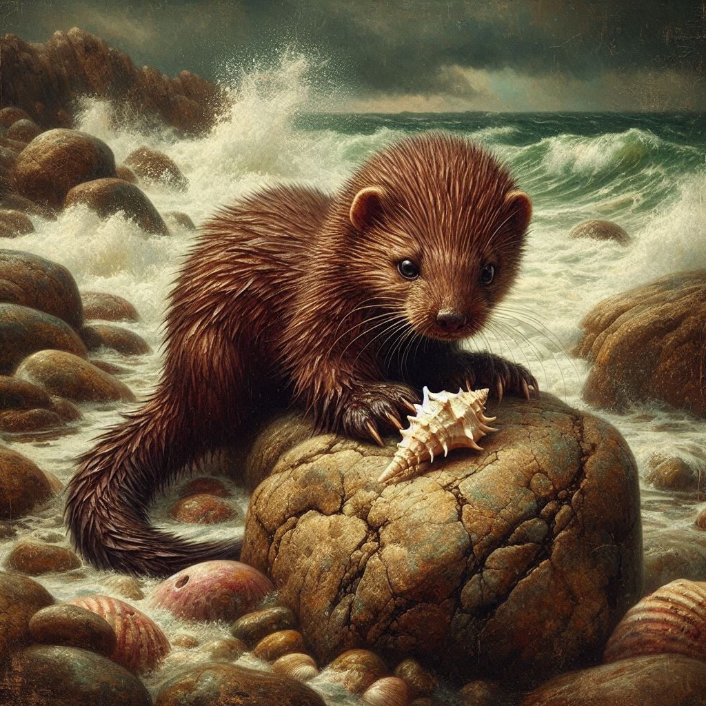 An extinct sea mink plays with a shell on a rocky shore in a traditional oil painting