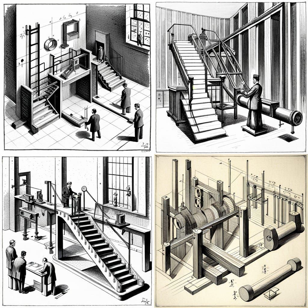 technical drawing, plans for a Rube Goldberg device, prototy...
