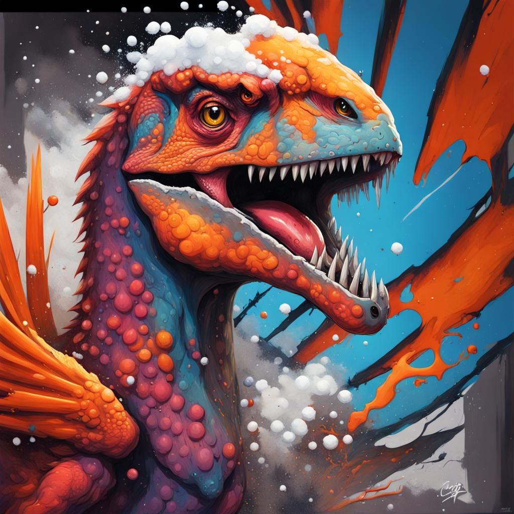 dinosaur bird with a snow wing and a fire wing