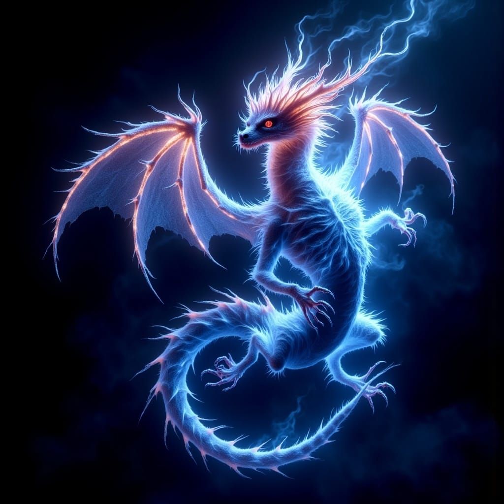 <lora:Thriller Fantasy V2:1.0> macrophotograph portrait: captivating Dragon plasma phantom dances in darkness an ethereal form, pulsating, v...