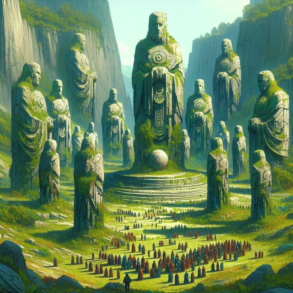 People looking up at large over grown stone statues that are...