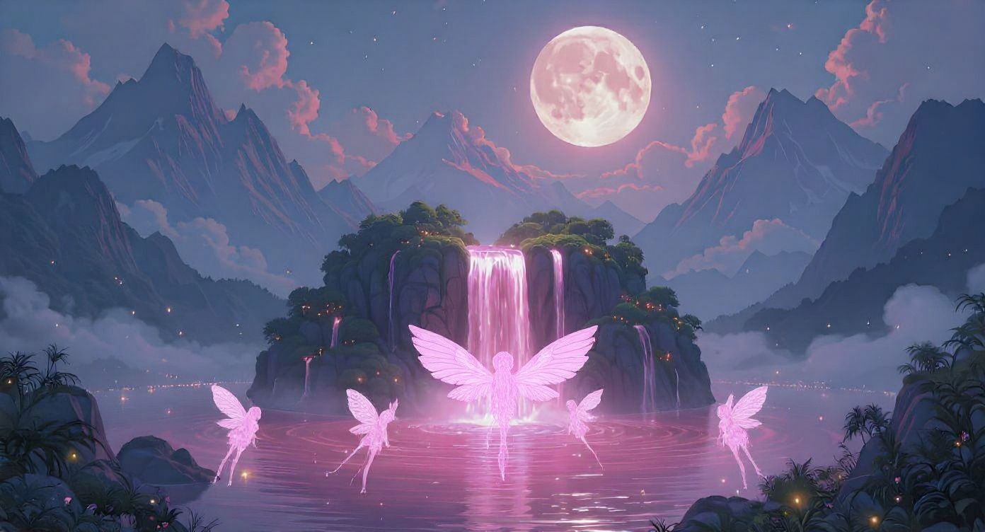 A round lush mountainous floating island with pink bioluminescent waterfall in the center dripping into a pink lake below showing a glorious...